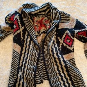 Pink Republic tan, red, and black cardigan sweater